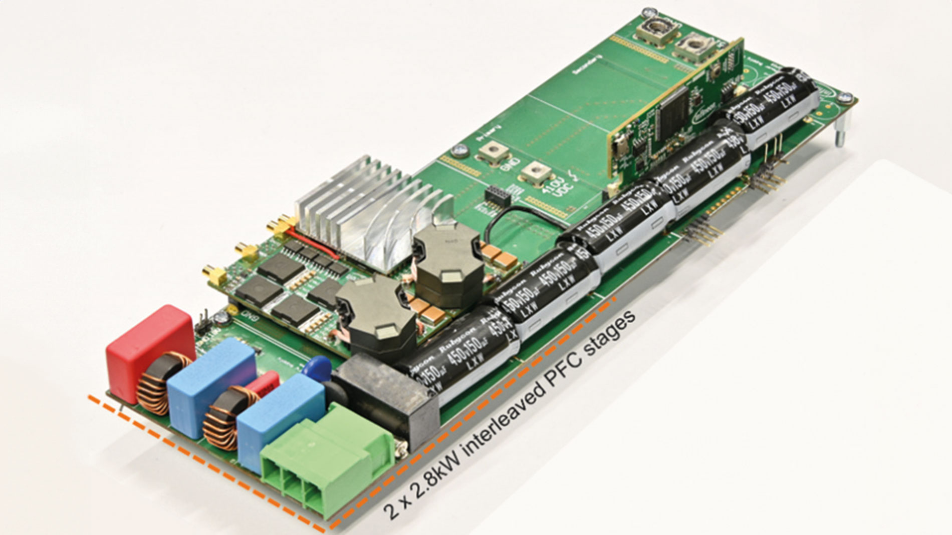 Figure 3: Technology demonstrator platform: Physical PSU mainboard (270 x 83 mm2, 22 mm height) with 2x interleaved 3-level flying capacitor HF legs for PFC, which are 32 x 60 mm2 in size. Image: Infineon Technologies