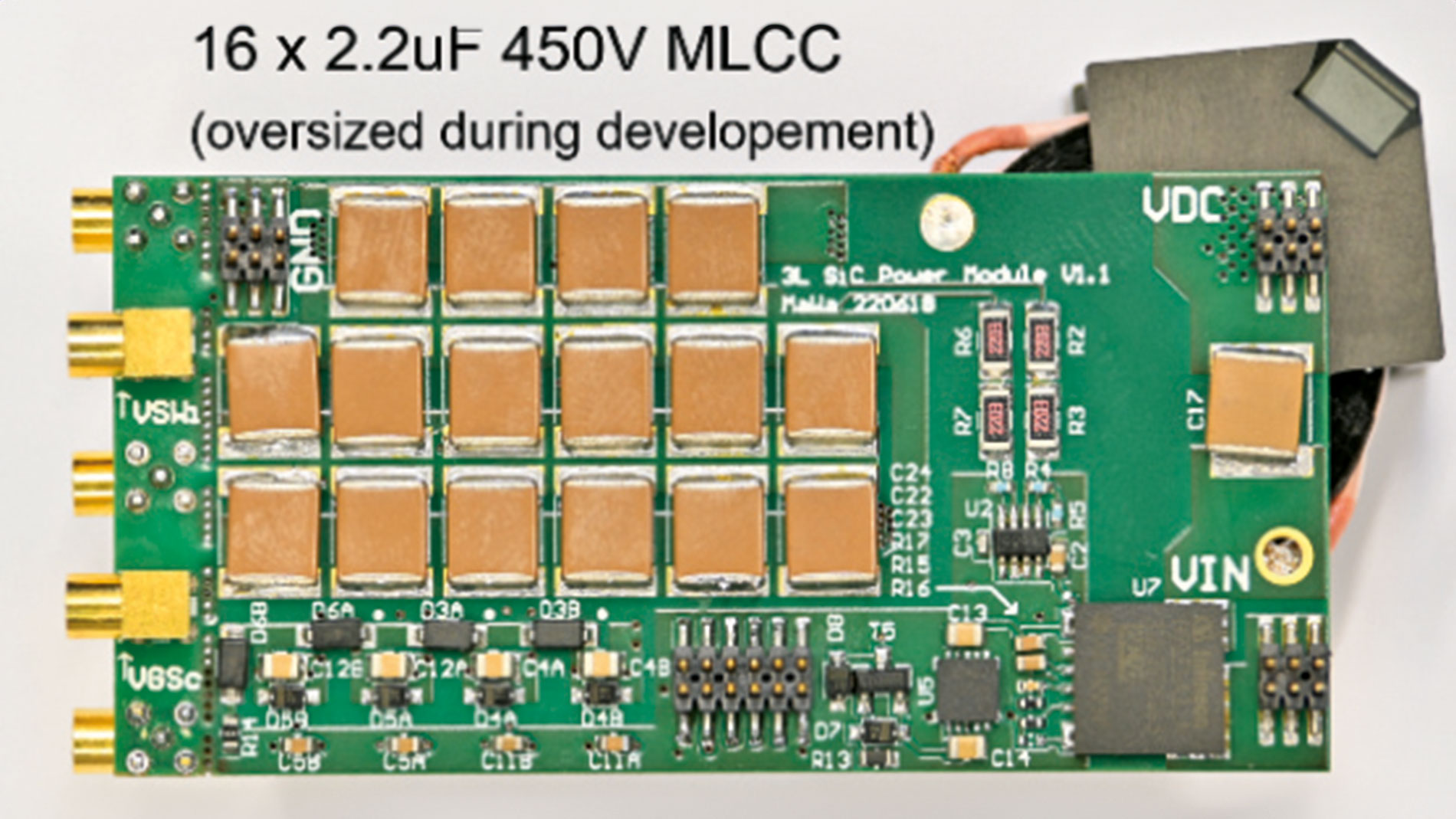 Figure 3: Technology demonstrator platform: Physical PSU mainboard (270 x 83 mm2, 22 mm height) with 2x interleaved 3-level flying capacitor HF legs for PFC, which are 32 x 60 mm2 in size. Image: Infineon Technologies
