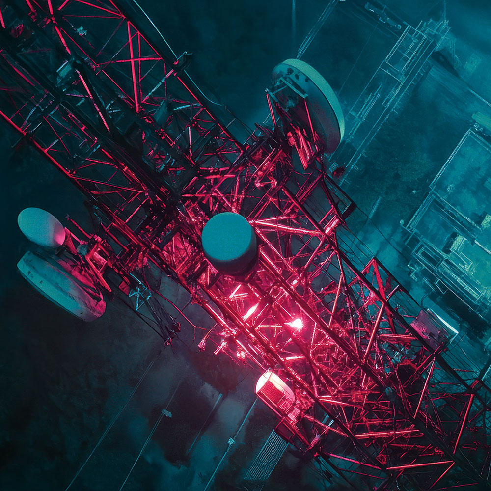 Aerial drone view of 5G telecommunication tower. GSM and radio telecommunication tower. Cell phone tower. Base transceiver station. Wireless communication antenna transmitter.