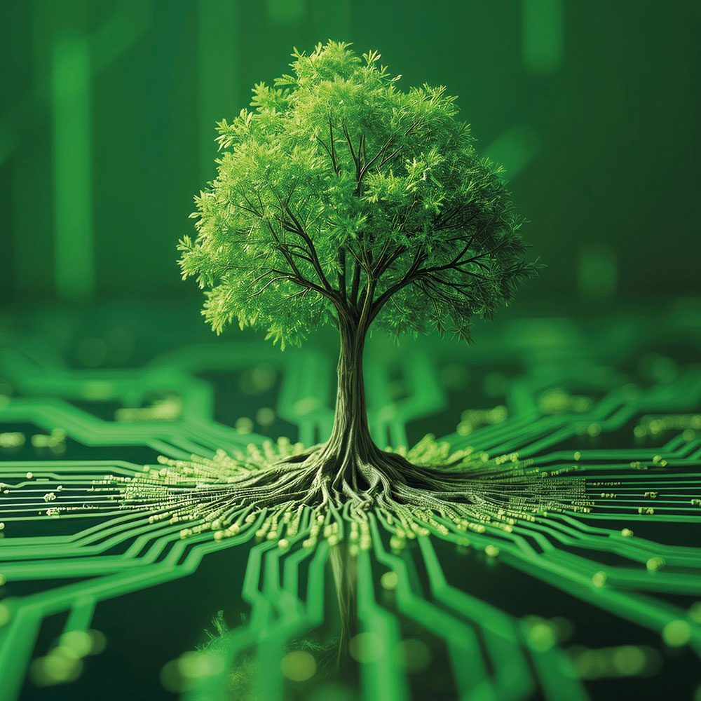 Green tree grows from circuit board. Eco tech concept. Sustainable future. Environmentally friendly innovation. Renewable energy, responsible tech. Future green, digital. Conceptual image for green