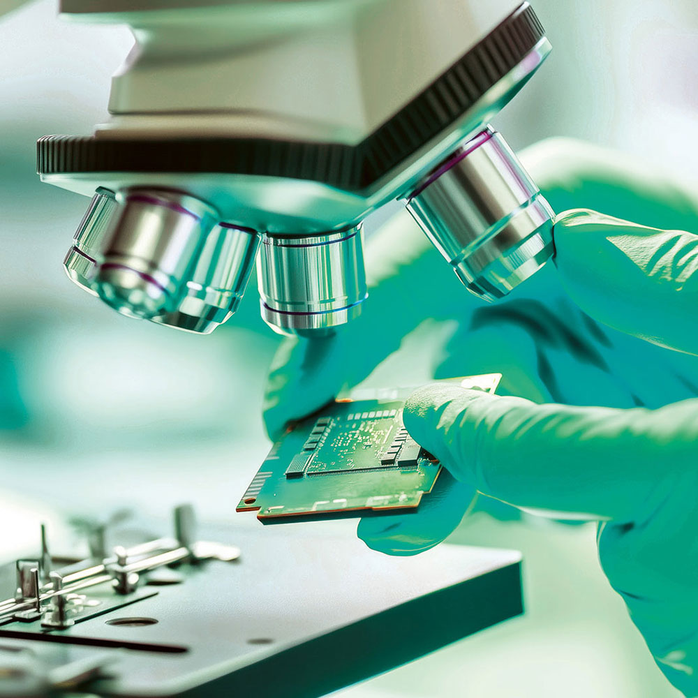 Gloved hands precisely aligning microscopic electronic component beneath magnifying lens, highlighting precision in high tech scientific research setting