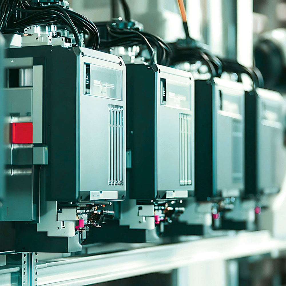 Mechanical arm assembling large solar power inverters in a renewable energy facility, clean and efficient workstations with inverter components visible, Solar power inverter assembly style