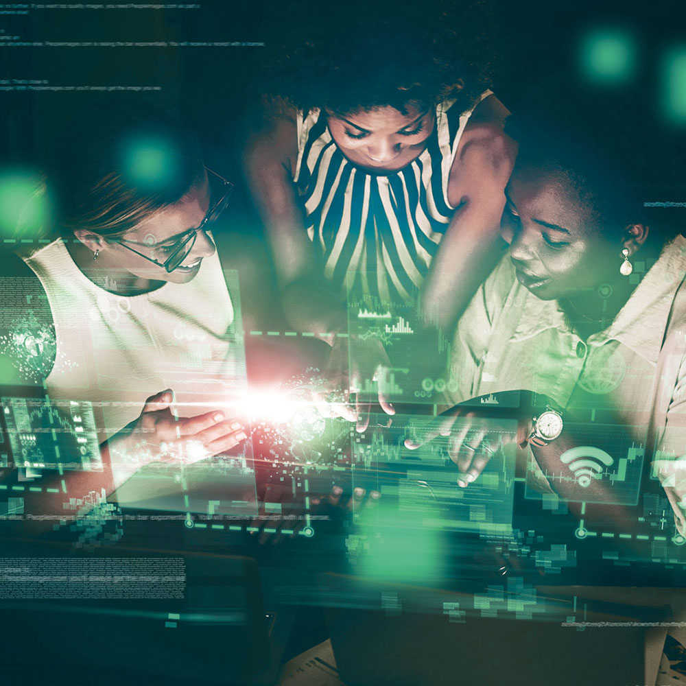 Woman, cyber security and IoT with technology for team, meeting or programming working at night with digital overlay. Group of female employee developers code, app or big data in futuristic network