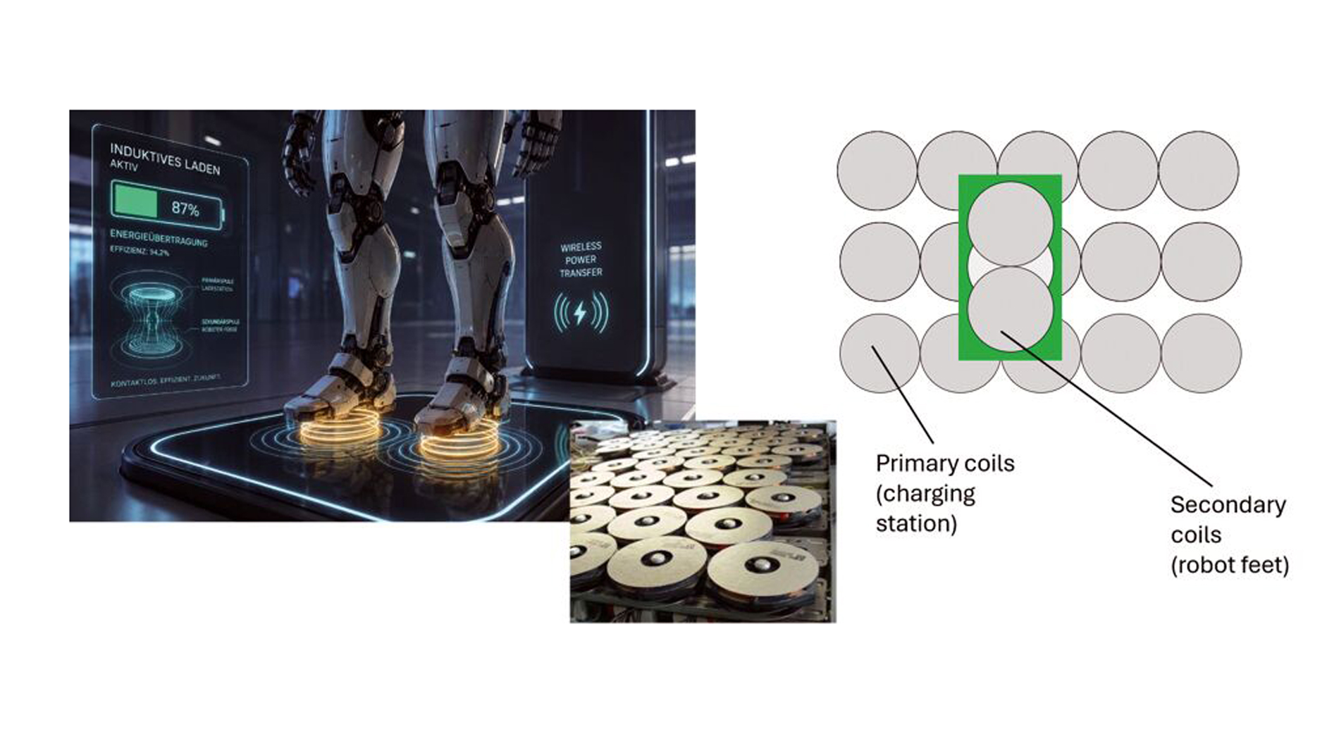 Figure 3. Conceptual implementation of highly position-tolerant inductive charging for humanoid robots based on foot-integrated receiver coils and contactless energy transfer infrastructure. (Image: Fraunhofer IISB)