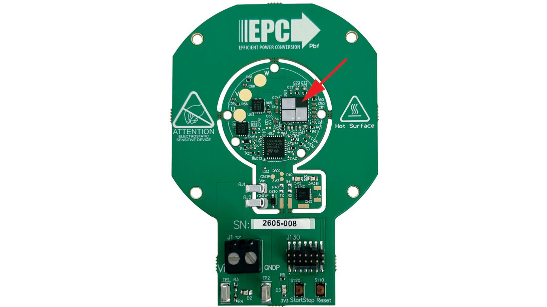 Figure 1: Overview of EPC91132 board – three-phase inverter for drones and humanoid motor joints. The red arrow indicates the EPC33110 module. (Image: EPC)